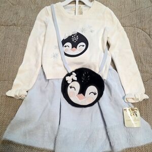 Cynthia Rowley Girls 4T Penguin Sweater, Skirt And Purse 3 Pc Set. New
